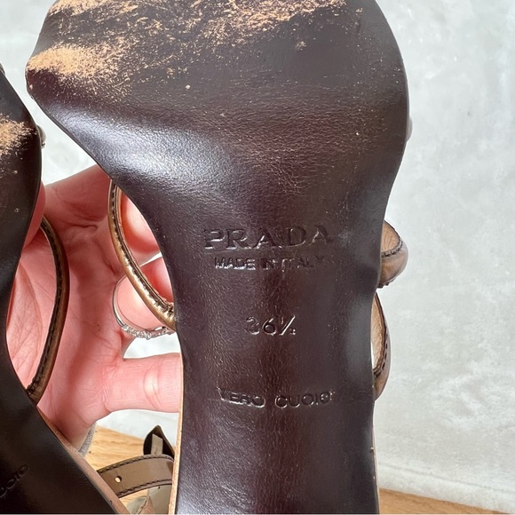 Prada Leather Square Toe Ankle Strap Sandals vintage 2000s y2k bronze floral - Picture 8 of 8